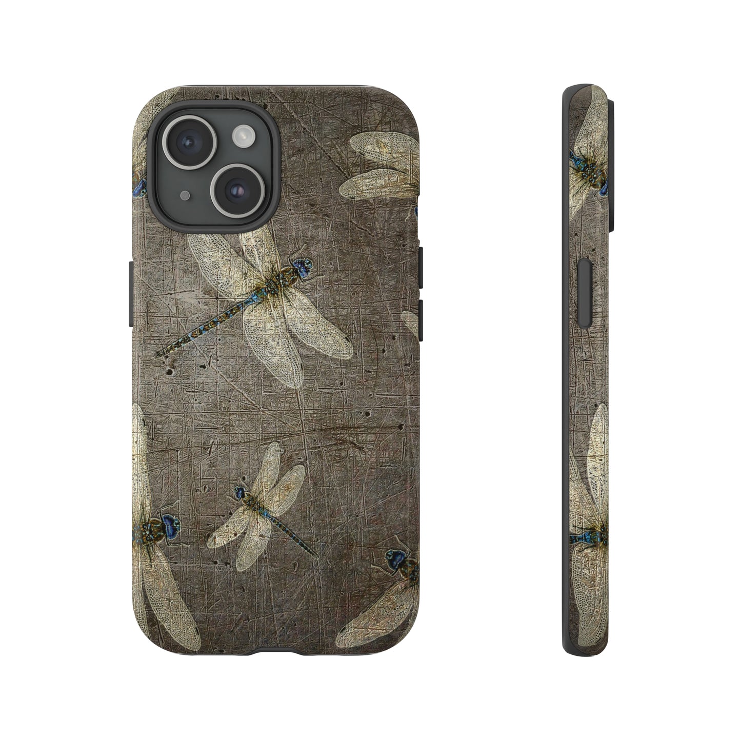 Silver Dragonflies on Stone Gray Print Tough Case for iPhone 15 front and side