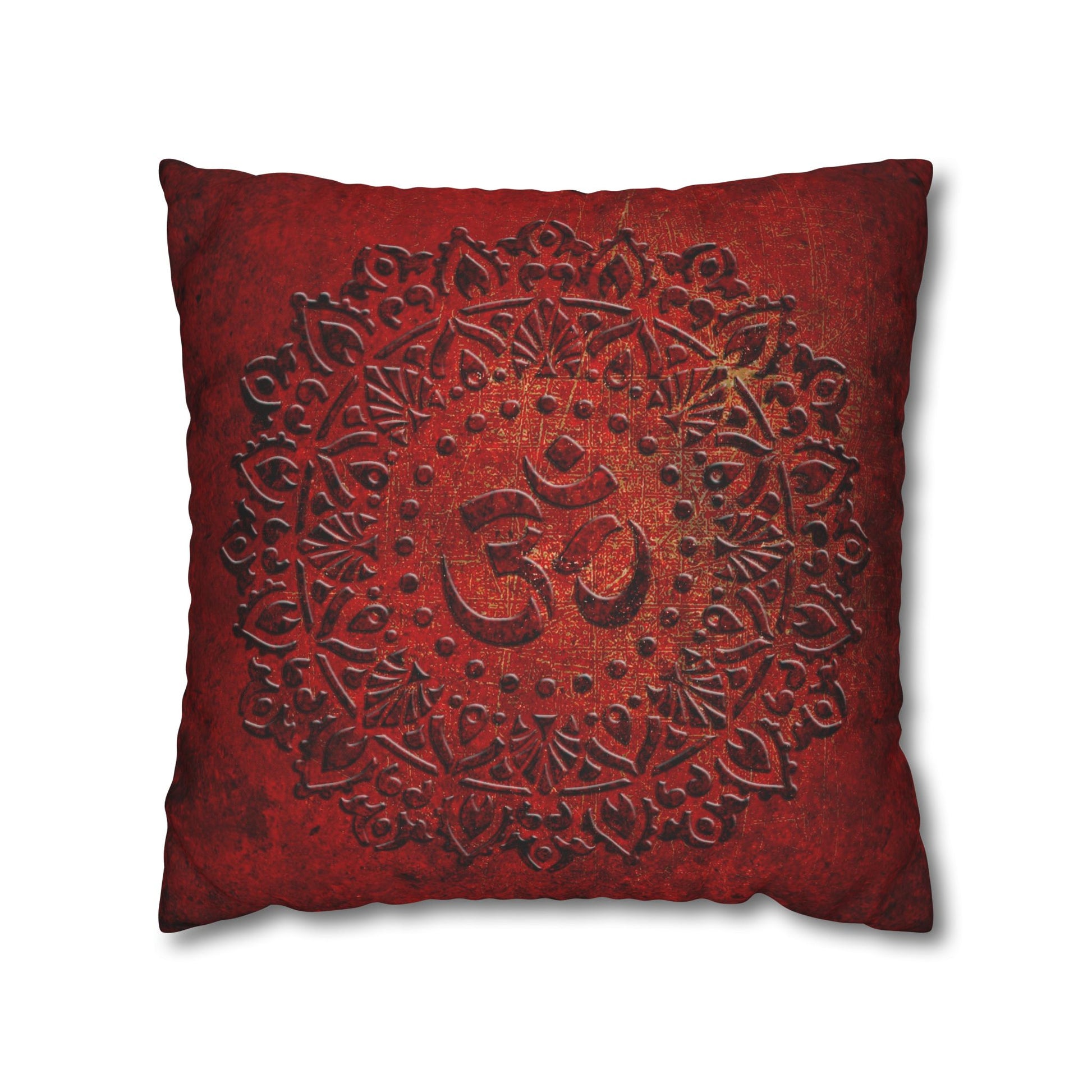 Om Symbol Mandala Style Print on Lava Red Background replacement Pillow Cover front and back on bed 26x26