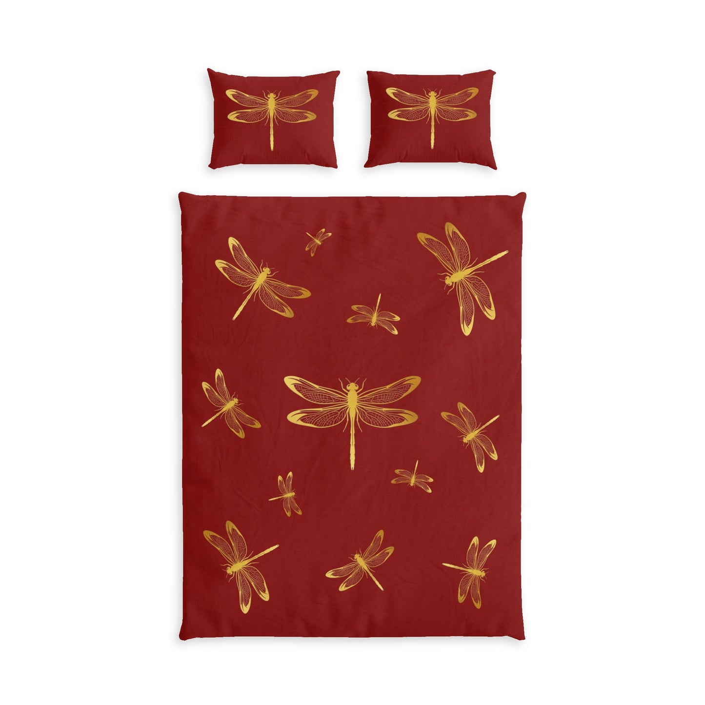 A bedding set featuring a duvet cover and two matching pillowcases, all in a deep red color with a pattern of metallic gold dragonflies, shown against a plain white background. Twin