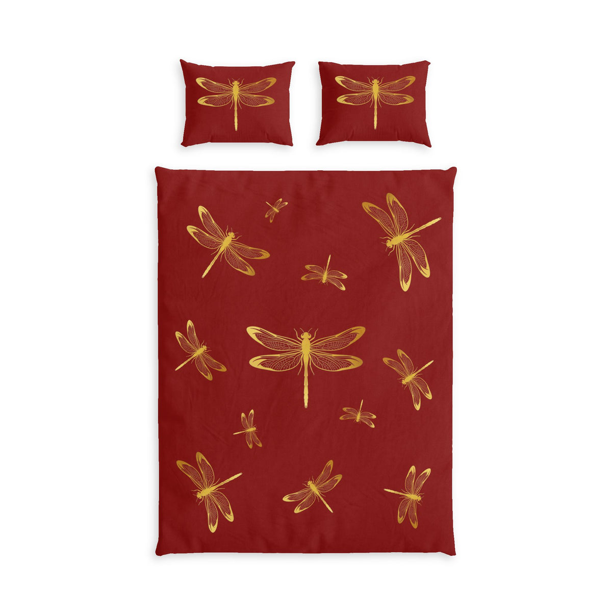 A bedding set featuring a duvet cover and two matching pillowcases, all in a deep red color with a pattern of metallic gold dragonflies, shown against a plain white background. Twin