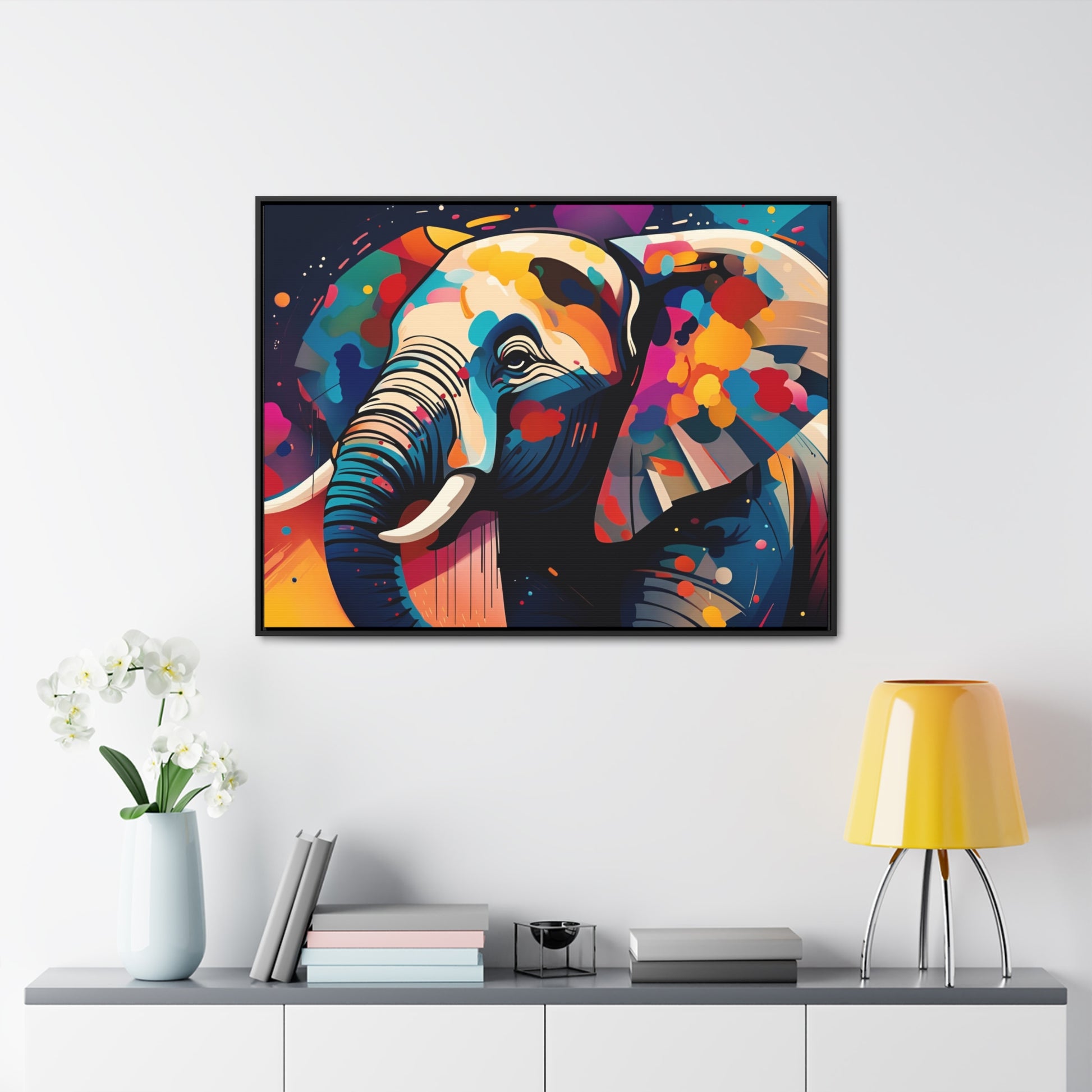 Multicolor Elephant Head Print on Canvas in a Floating Frame 30x40 hung on light wall