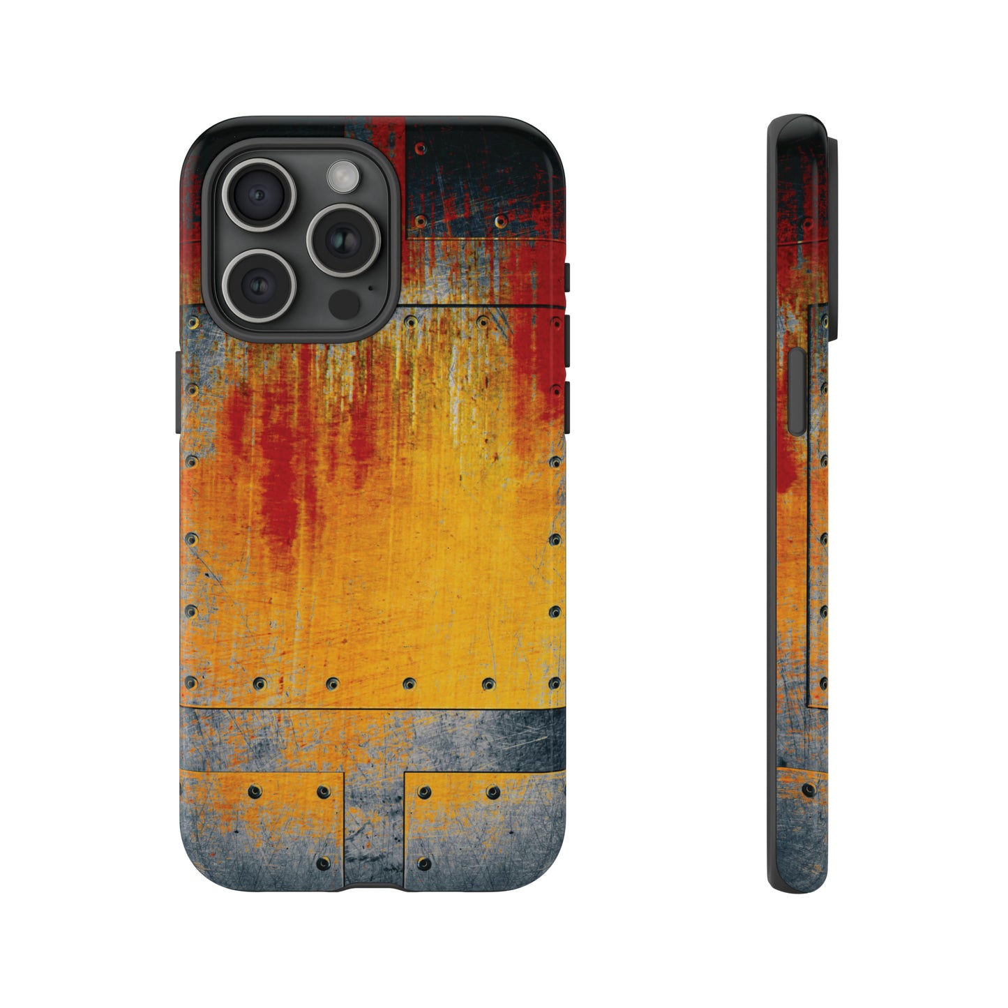 Steampunk Themed Rust and Paint Plate Printed on Phone Case for iPhone 15 Pro Max front and Side