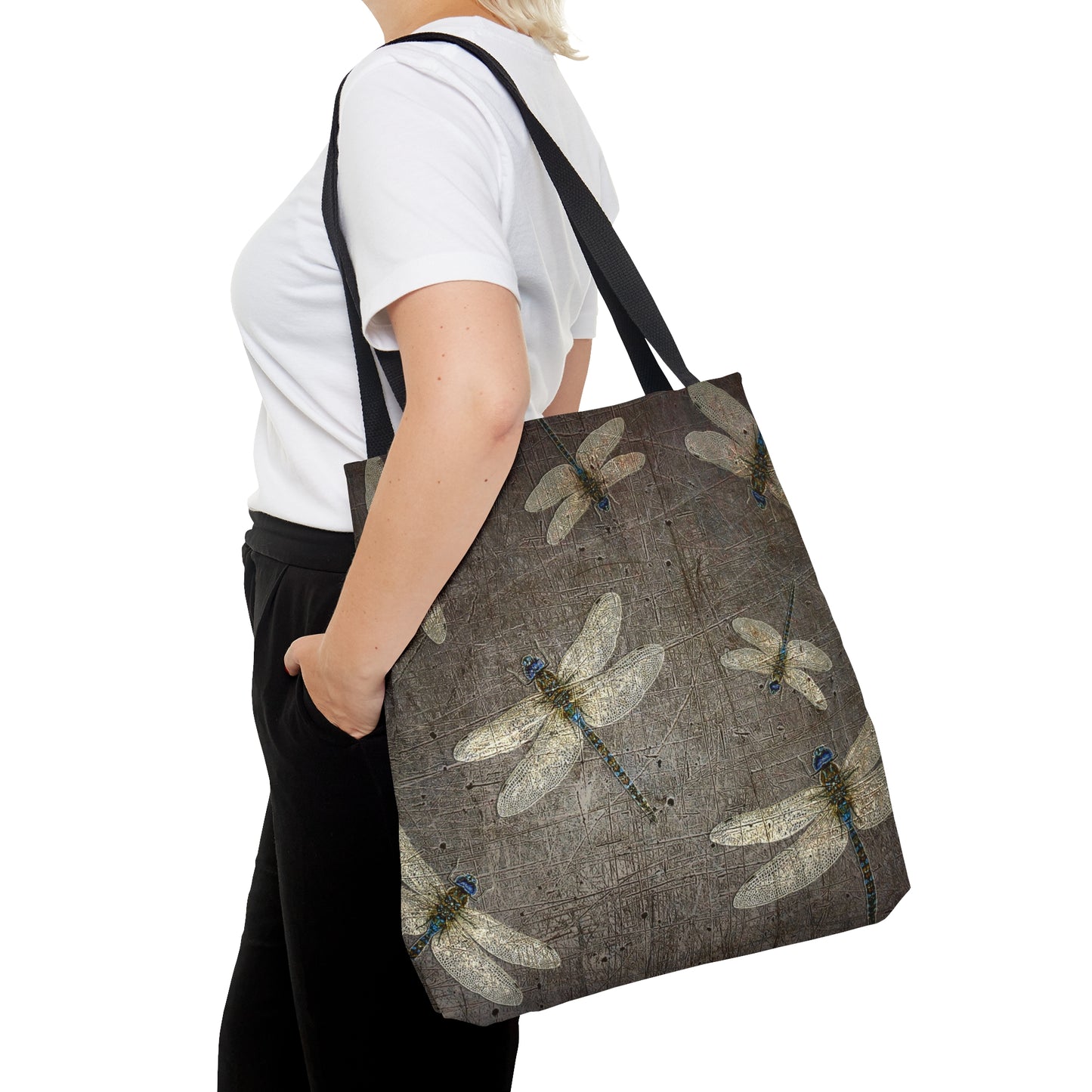 Flight of Dragonflies on Distressed Gray Stone Printed on Tote Bag large carried