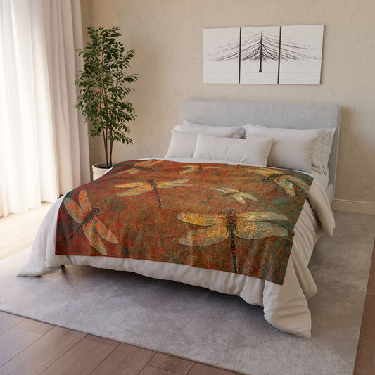 Dragonfly Minky Blanket: Flight of Dragonflies on Distressed Orange and Green Background