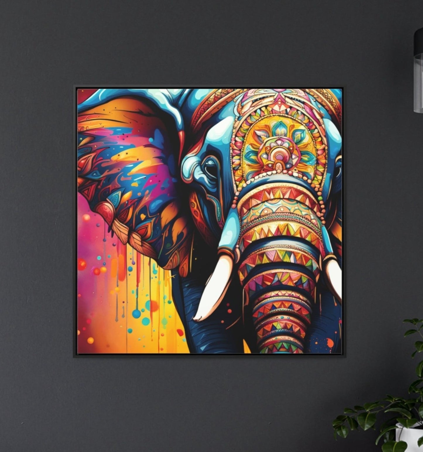 Stunning Multicolor Elephant Head Print on Canvas in a Floating Frame 36x36 hung on dark wall