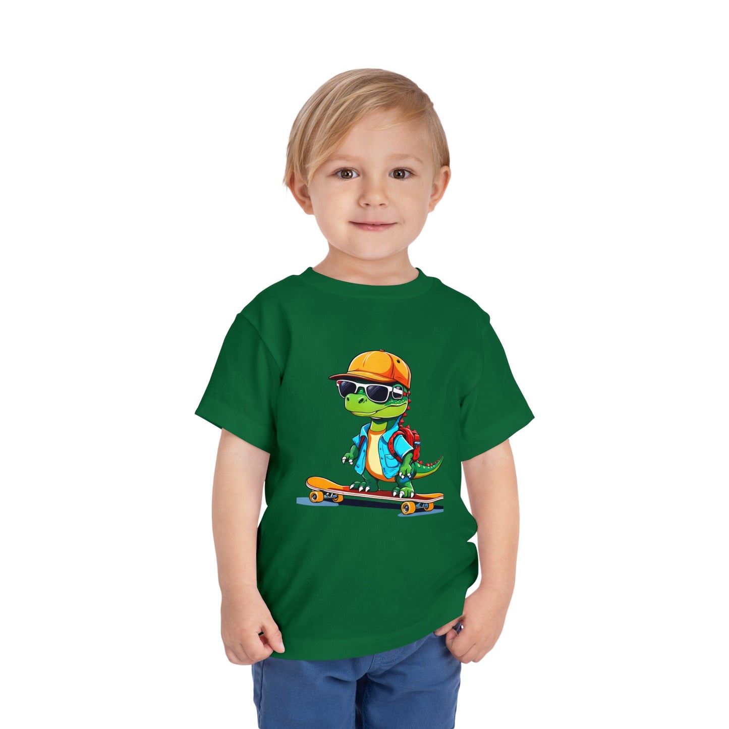 Dino Boy on Skate Board Too Cool For School Toddler Short Sleeve Tee Kelly Green on Boy