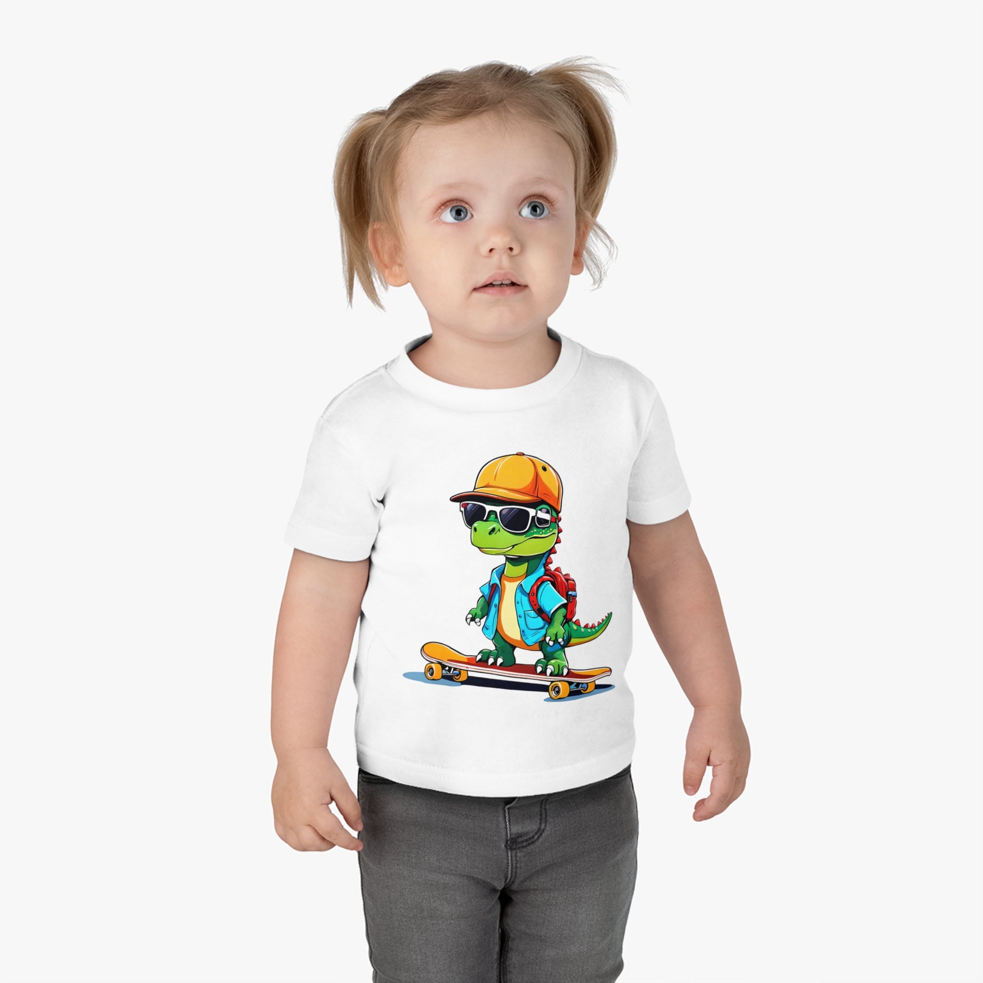 Dino Boy on Skate Board, Too Cool For School Infant Cotton Jersey Tee White on Girl