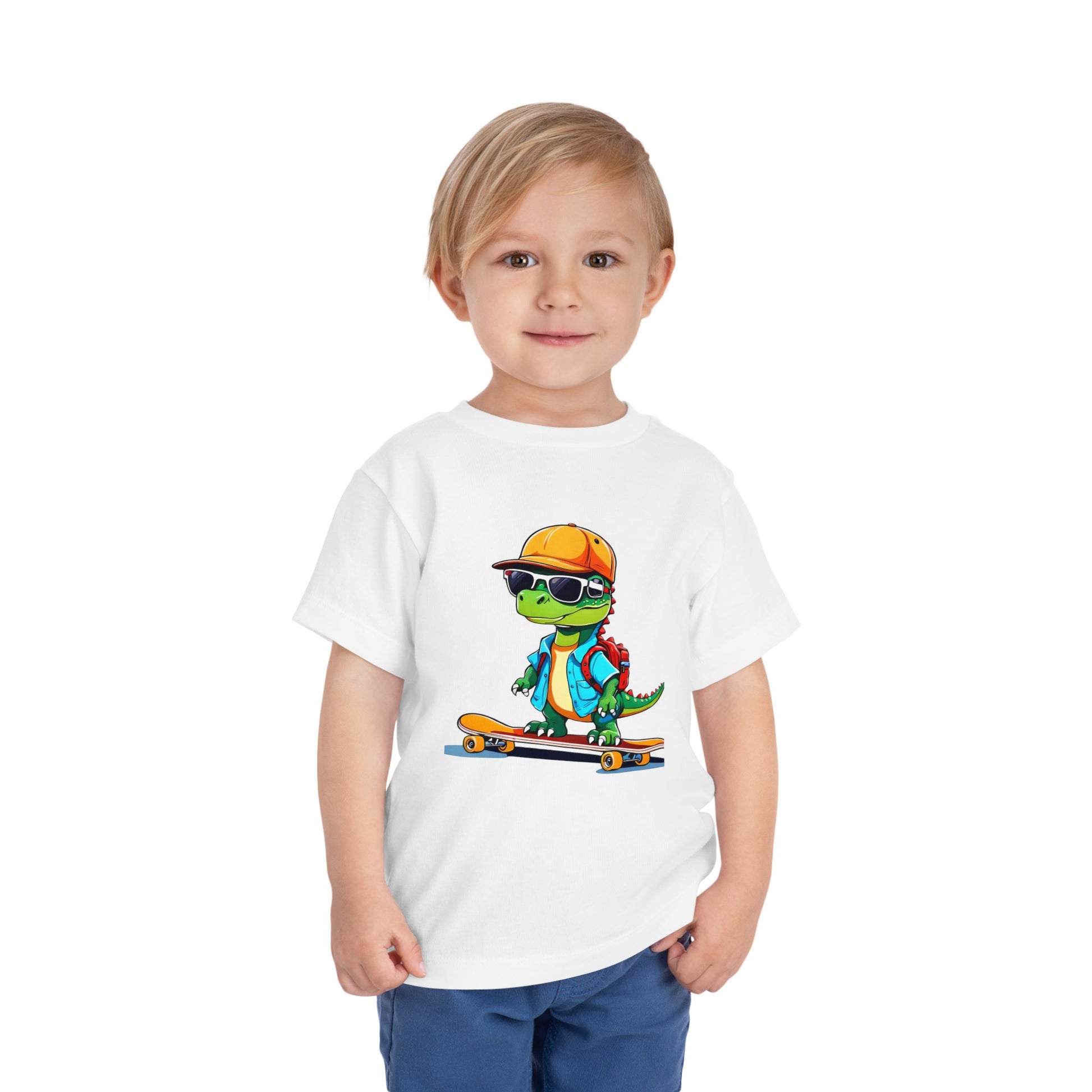 Dino Boy on Skate Board Too Cool For School Toddler Short Sleeve Tee White on Boy