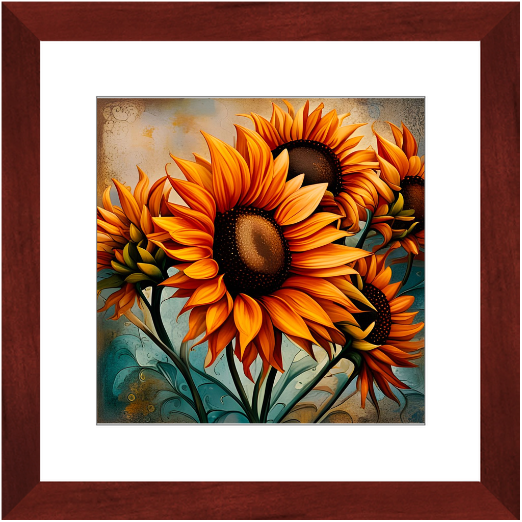 Sunflowers crop Print on Archival Paper in Cherry Color Wood Frame 12x12