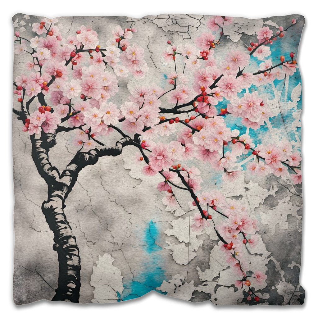Japanese Themed Outdoor Pillows and Patio Decor Pink Cherry Blossoms Print 18x18