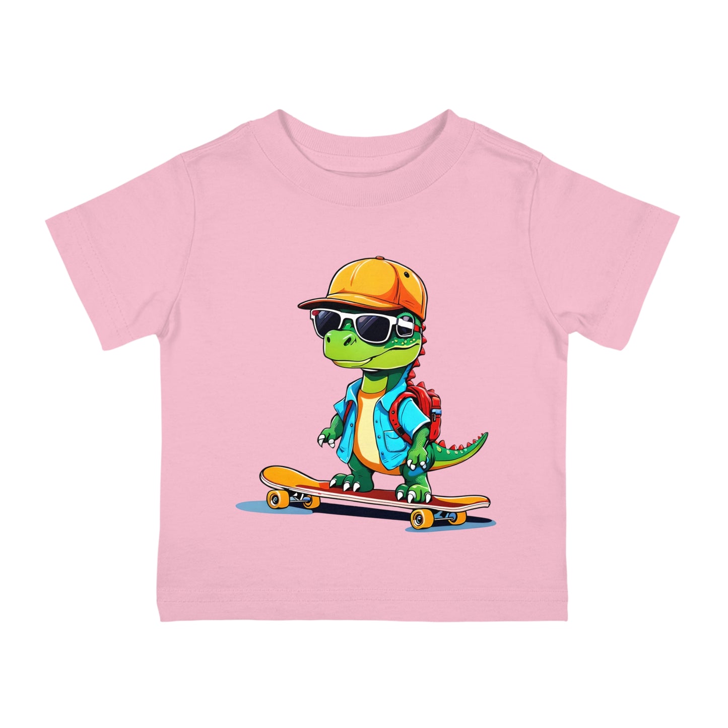 Dino Boy on Skate Board, Too Cool For School Infant Cotton Jersey Tee Pink