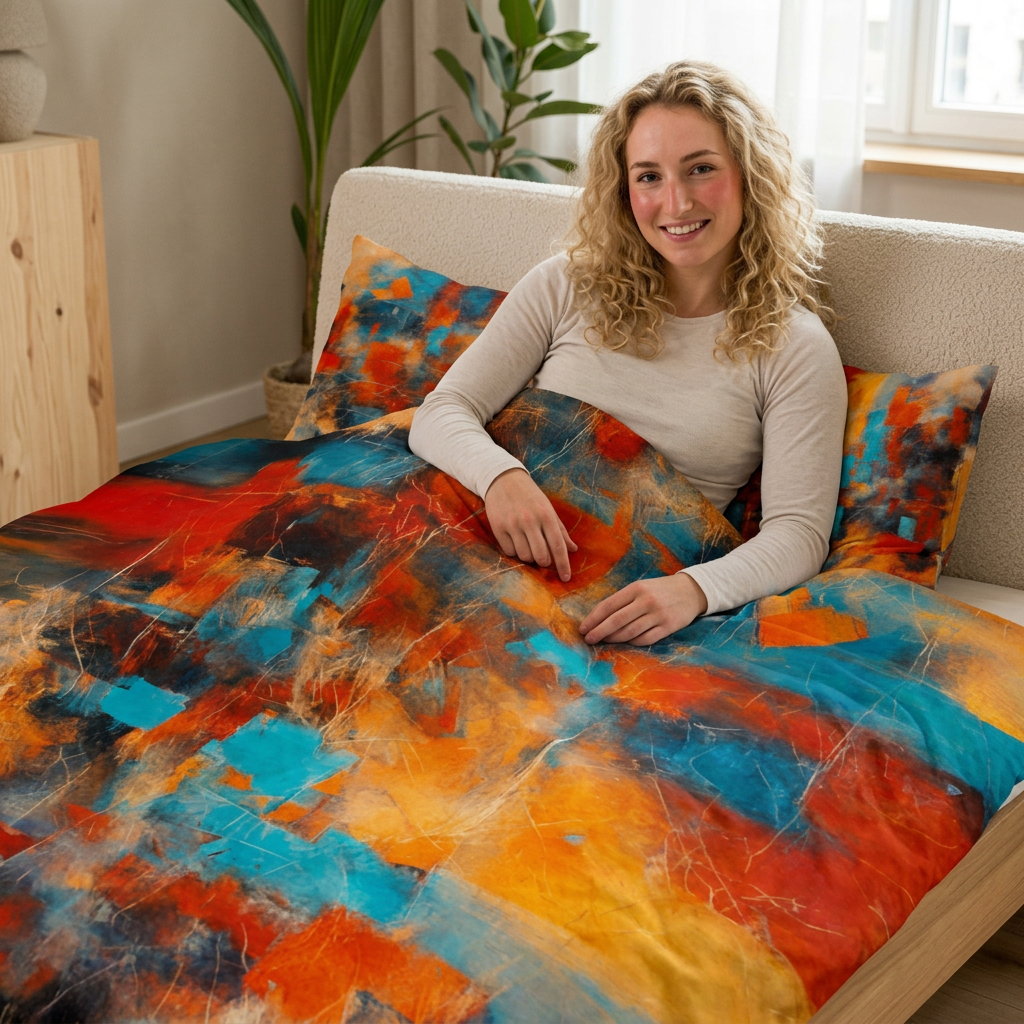 A smiling woman with blonde curly hair sits in a bed wearing a beige long-sleeve shirt, covered with a colorful abstract duvet cover and matching pillowcases. The duvet features a vibrant, painterly pattern of orange, blue, red, and yellow with white marble-like veining.