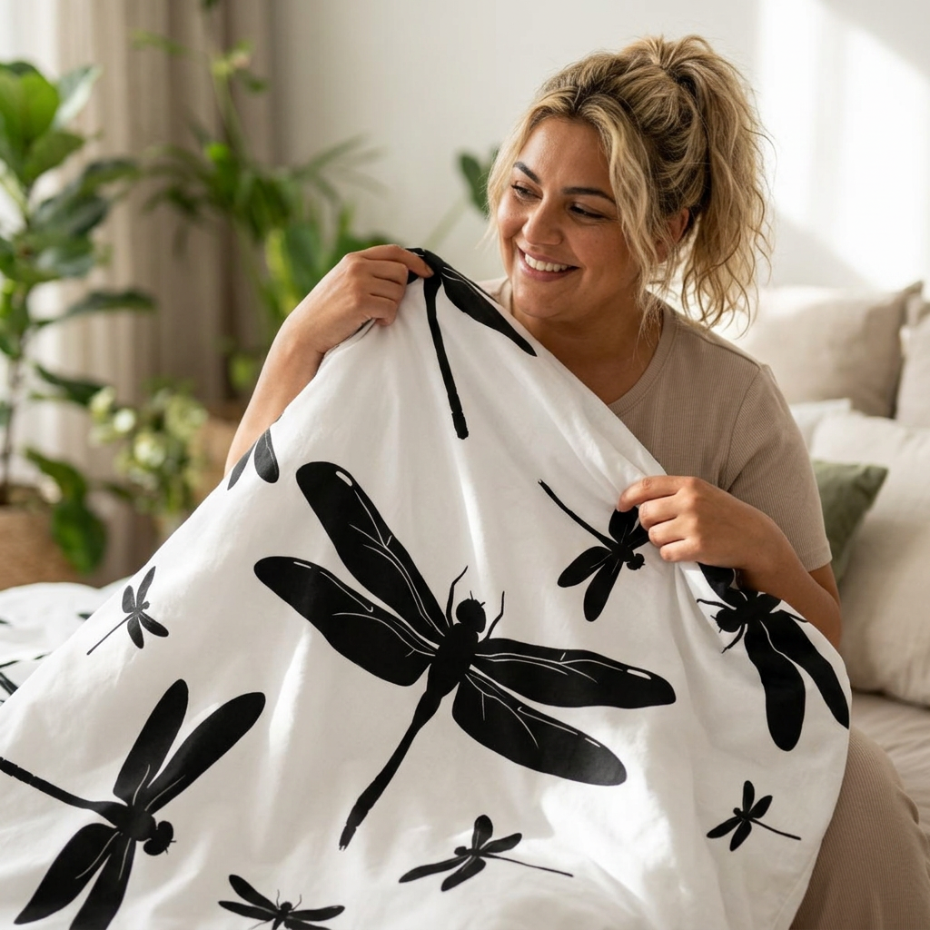 A woman smiling while holding up a white blanket or throw with large black dragonfly silhouettes, photographed in a bright living room setting.