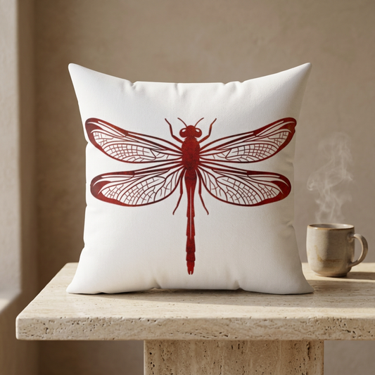 Lava Red Dragonfly on Minimalist Square White Decorative Pillow