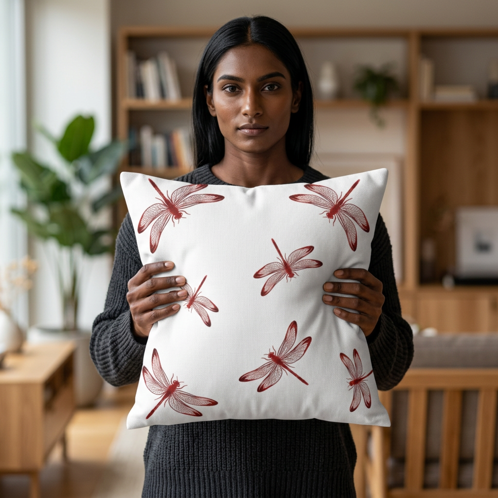 Lava Red Dragonfly on Minimalist Square White Decorative Pillow