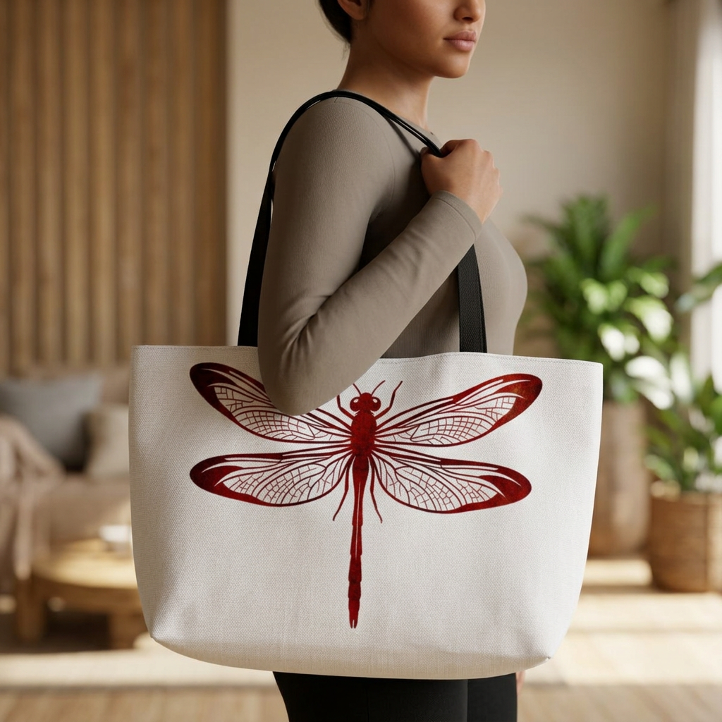 Lava Red Dragonfly Print on Oversized Weekender Bag, Dragonfly Themed Beach Bag