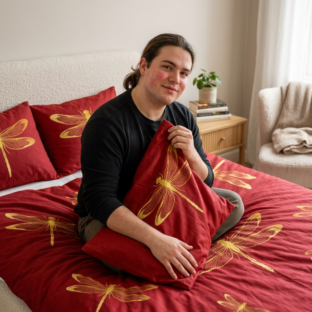 A man sits on a bed wearing a black long-sleeve shirt and gray pants, holding a red pillow with a yellow dragonfly print. The bed is made with a matching red duvet cover and pillows featuring the same yellow dragonfly pattern.