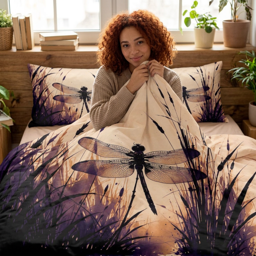 Sumi-e Style Japanese Ink Wash Dragonfly over Reeds Bedding Set, One Duvet Cover, Two Pillow Shams