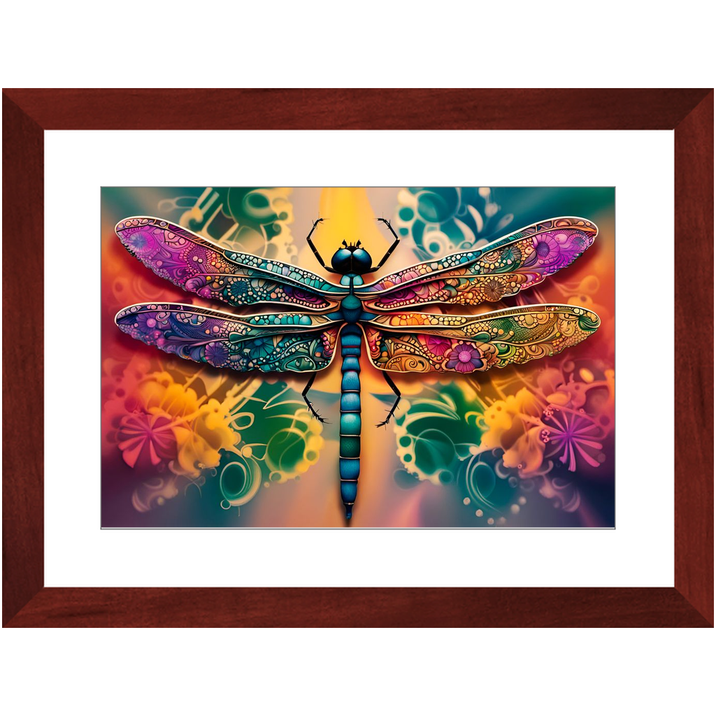 Multicolor Psychedelic Dragonfly Framed Print In A Cherry Color Wood Frame 12x18