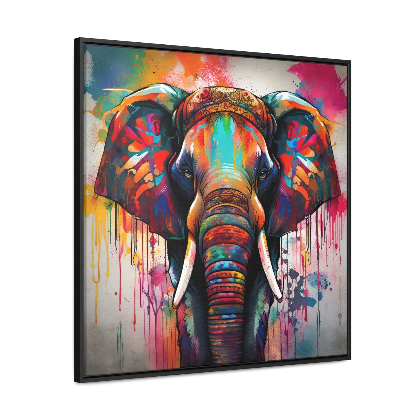 Elephant themed Wall Art Print - Dripping Colors Indian Elephant Print on Canvas in a Floating Frame