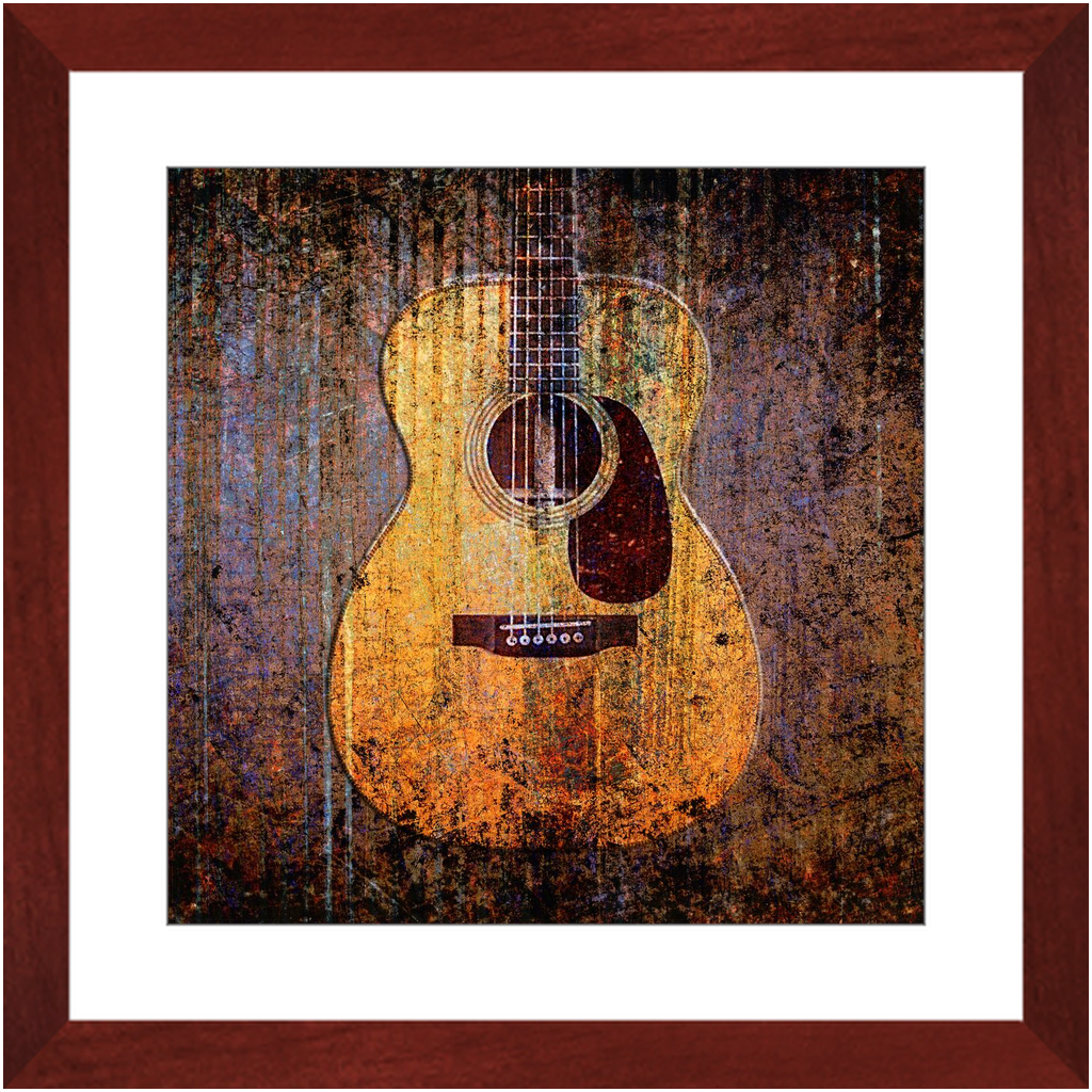 Acoustic Guitar Print on Archival Paper in Cherry Color Wood Frame 16x16