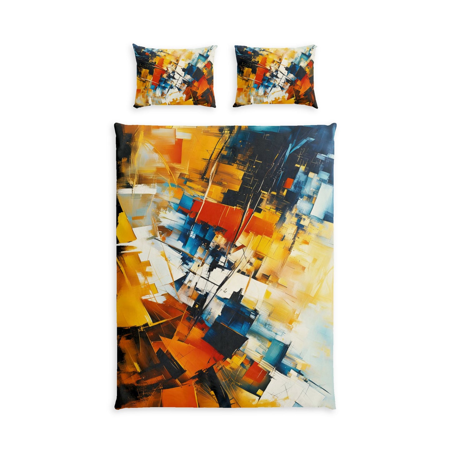 An abstract art bedding set featuring a duvet cover and two matching pillowcases with a vibrant, multicolored abstract painting design in shades of yellow, orange, blue, white, and black on a plain white background.