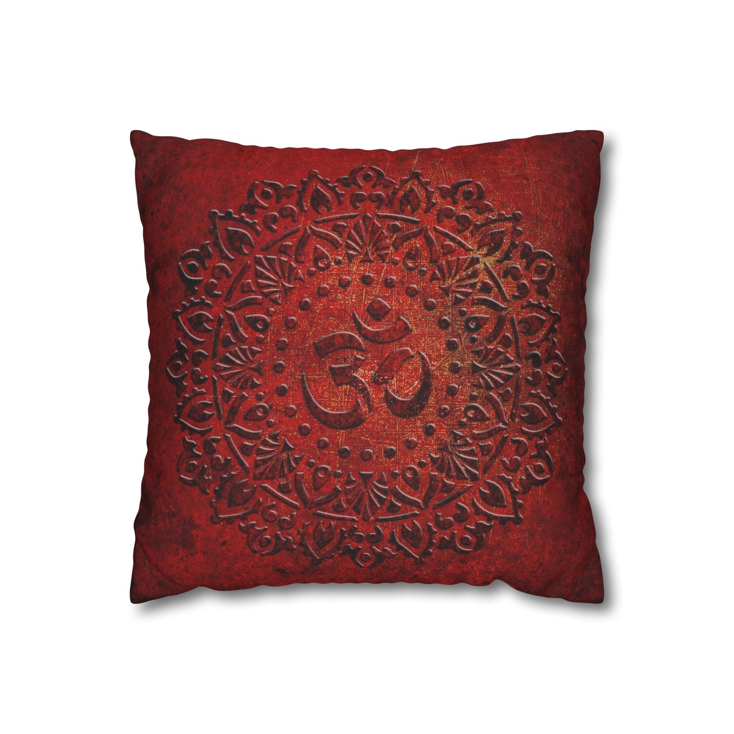 Meditation Themed Square Pillow Cover, Om Symbol Mandala Style Print on Lava Red Background Pillow Cover