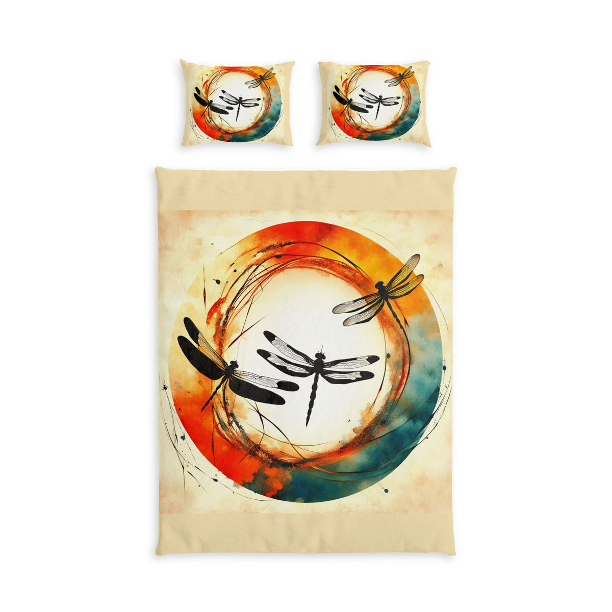 A bedding set featuring a duvet cover and two matching pillowcases with a watercolor-style dragonfly design. The set is displayed flat against a solid white background, showing the full duvet cover and two pillows.
