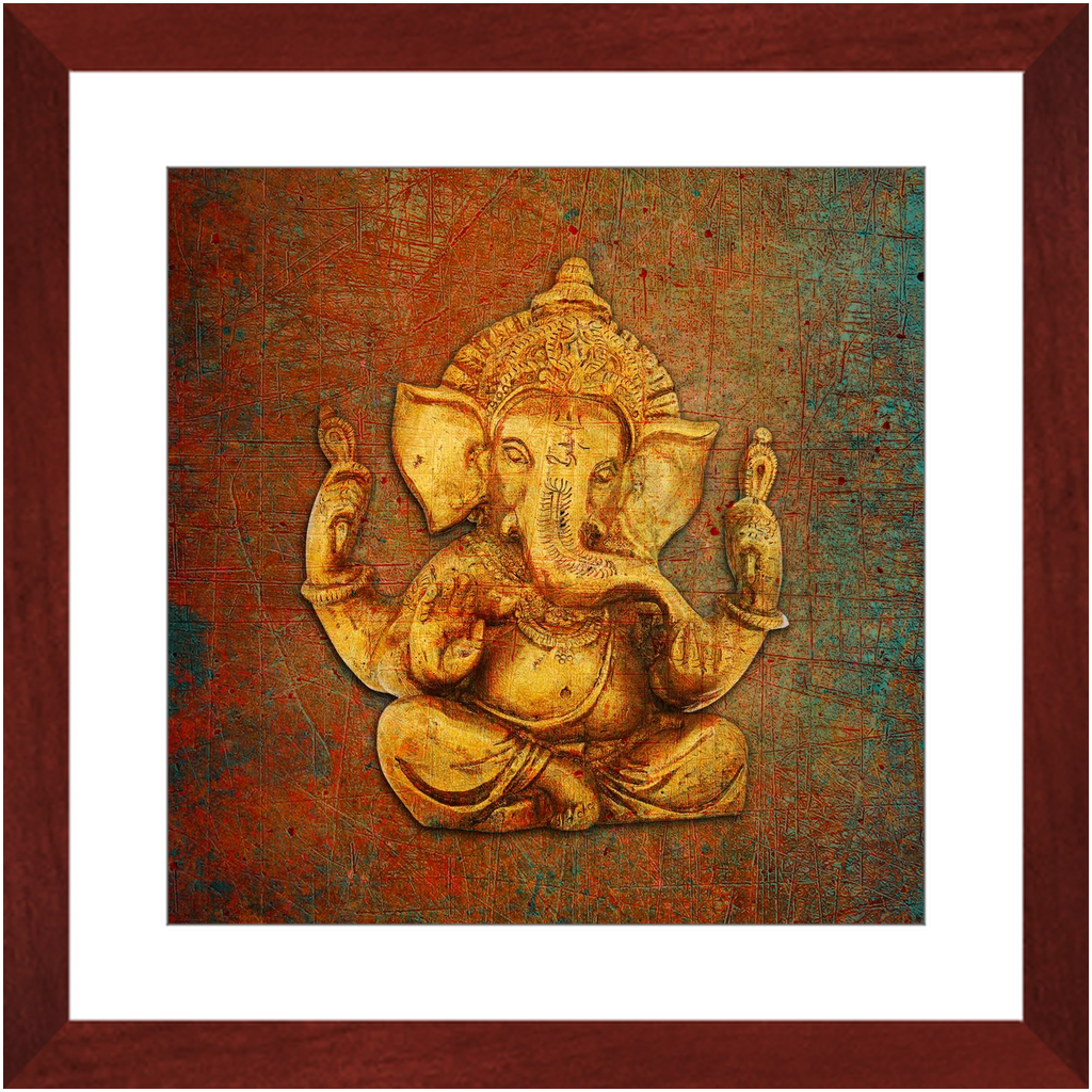 Ganesha on a Distressed Brown Background Print in Cherry Color Wood Frame 16x16