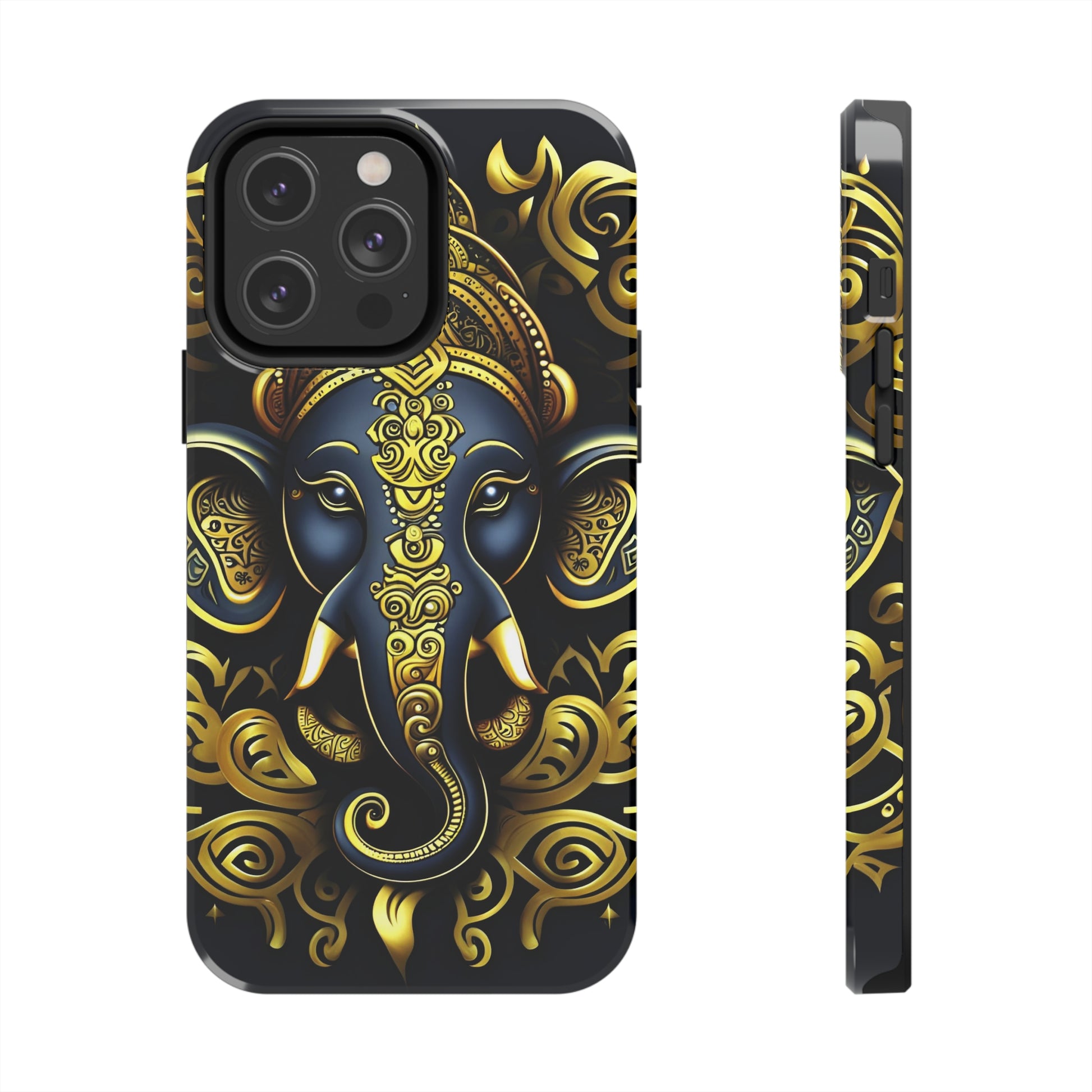 Tough Phone Case for iPhone 14  - Blue and Gold Ganesha Head Tribal Style Printed on Phone Case for iPhone 14 Pro Max
