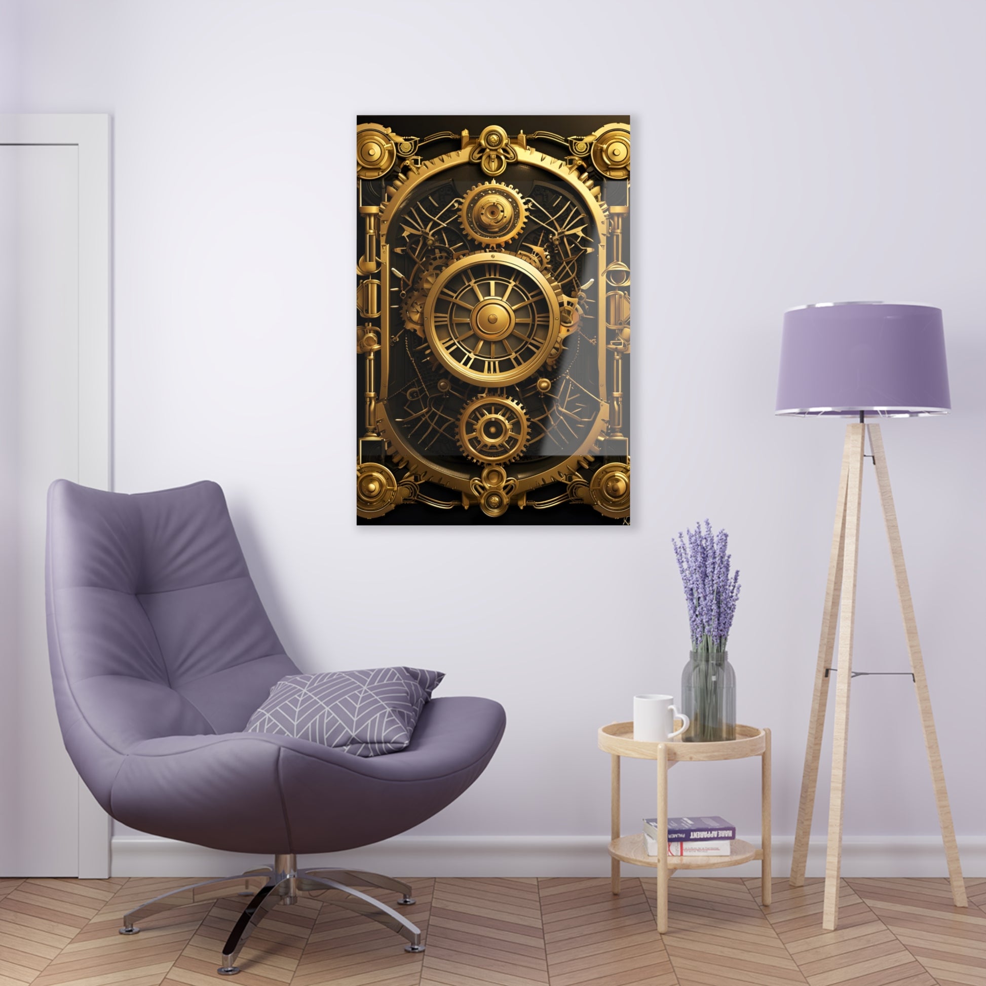 Art Deco themed steampunk gold and copper gears panel style printed on an acrylic panel 24x36 hung