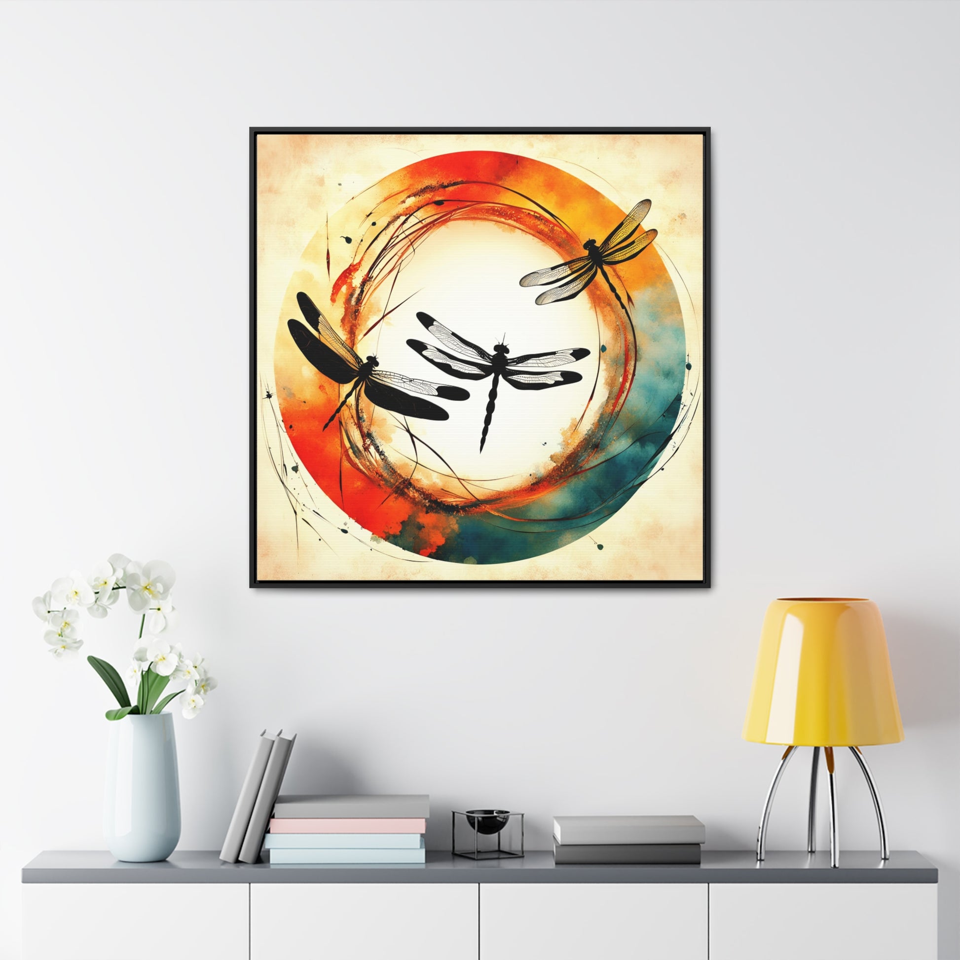 Dragonflies Silhouettes in a colorful Enso circle Print on Canvas in a Floating Frame 36x36
