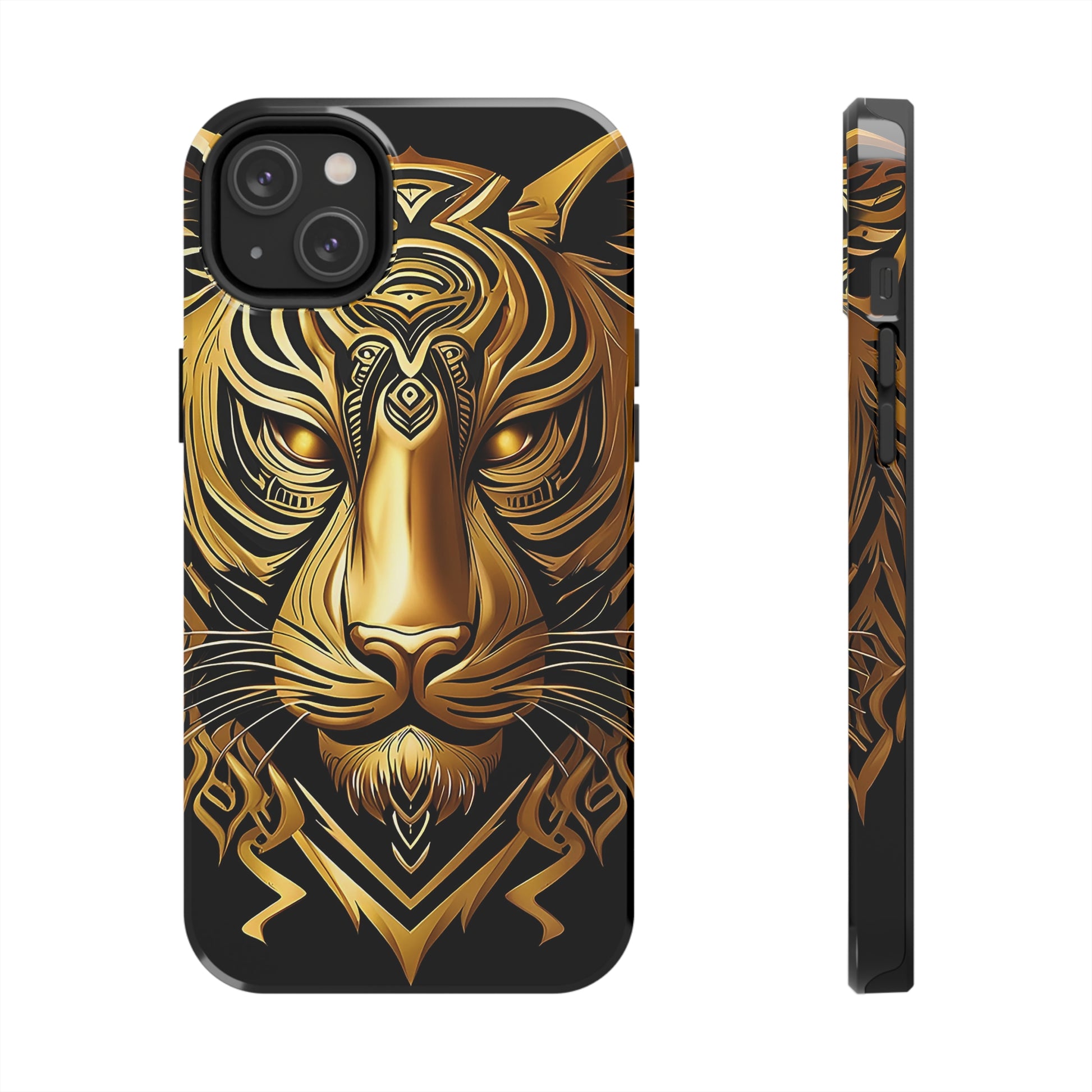 Big Cat Themed iPhone 14 Tough Case - Gold Tribal Tiger Head Printed on Phone Case for iPhone 14 Plus