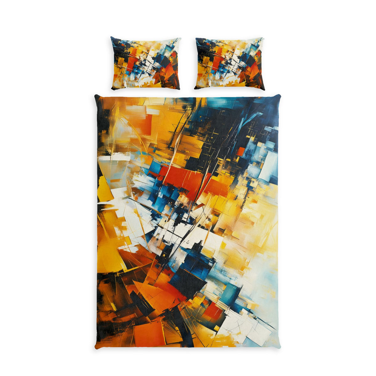 A bedding set featuring a duvet cover and two matching pillowcases with an abstract geometric print in yellow, orange, blue, black, and white, displayed on a clean white background.