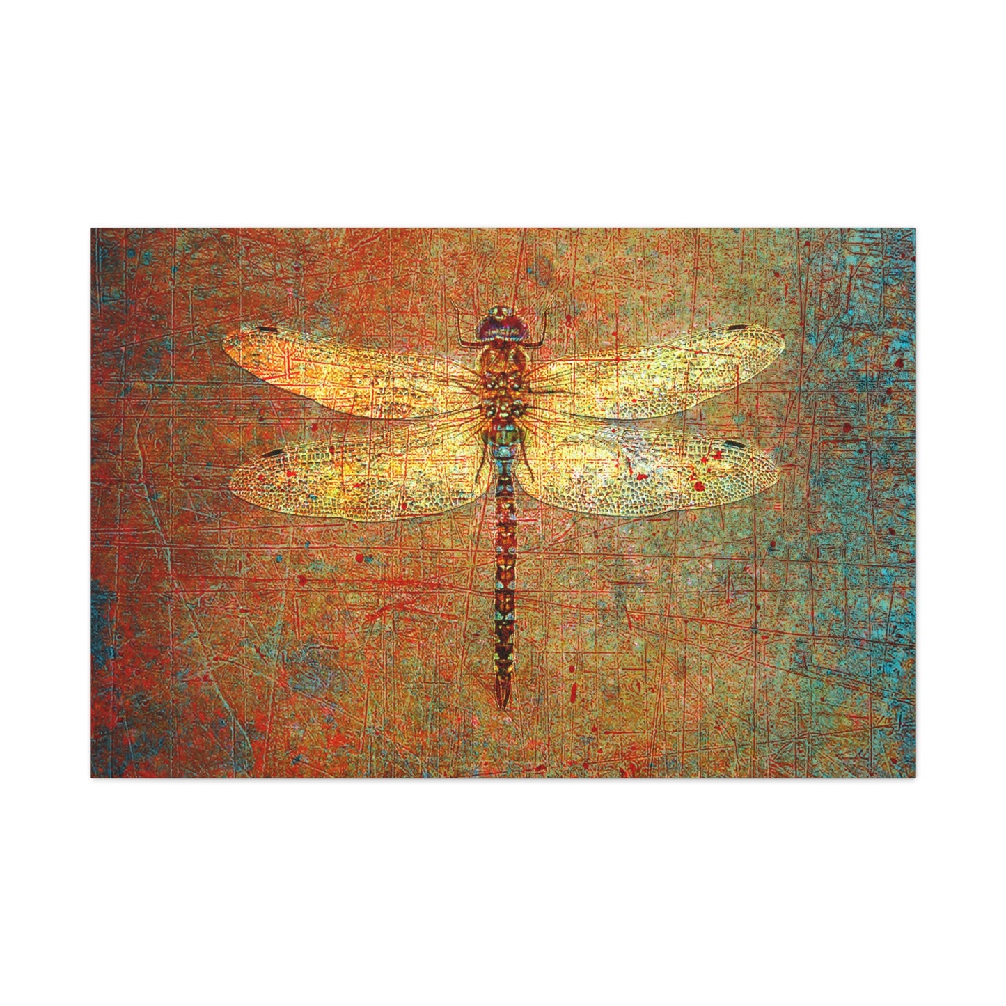 Golden Dragonfly on Distressed Orange and Green Background Print on Unframed Stretched Canvas