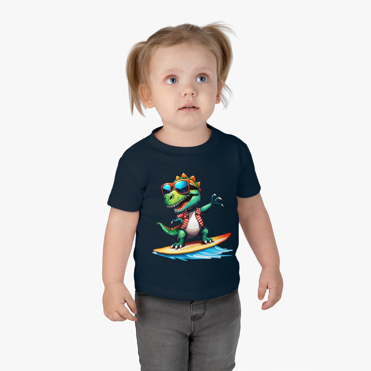 Toni the Dino Wave Catcher Infant Cotton Jersey Tee Navy Blue on Girl