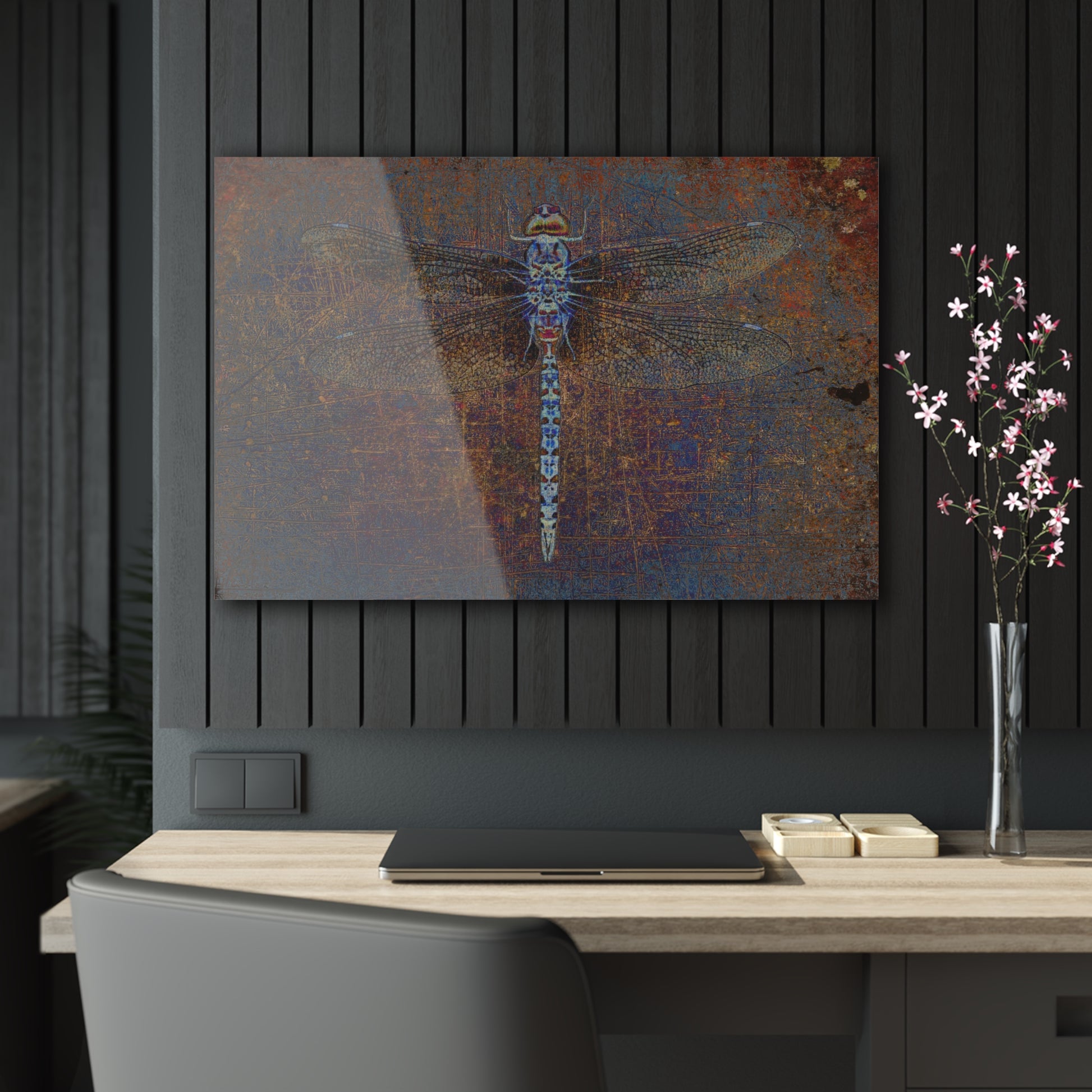Dragonfly on Distressed Purple and Orange Background Print on a Crystal Clear Acrylic Panel 36x24 hung on black wall