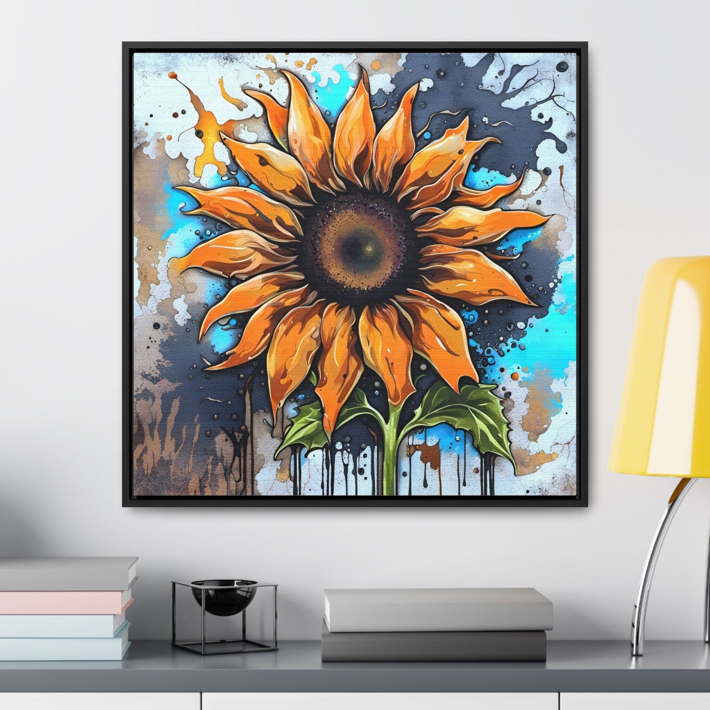 Floral Themed Wall Art - Street Style Sunflower Printed on Canvas in a Floating Frame