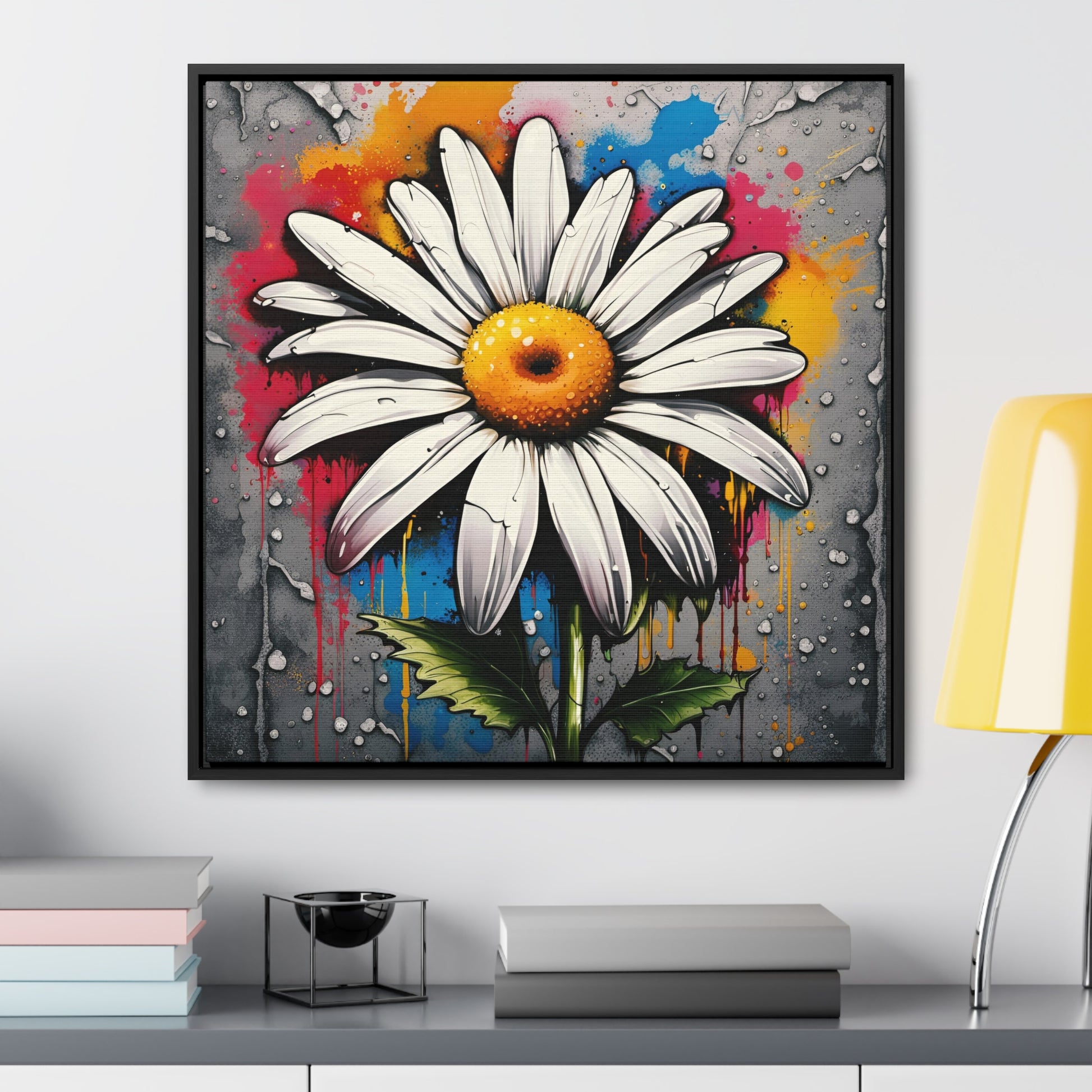 Floral themed Wall Art Print - Street Art Style Graffiti Daisy Printed on Canvas in a Floating Frame 24x24
