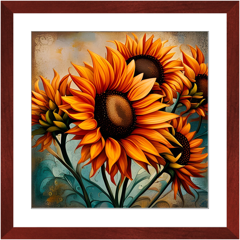 Sunflowers crop Print on Archival Paper in Cherry Color Wood Frame 20x20