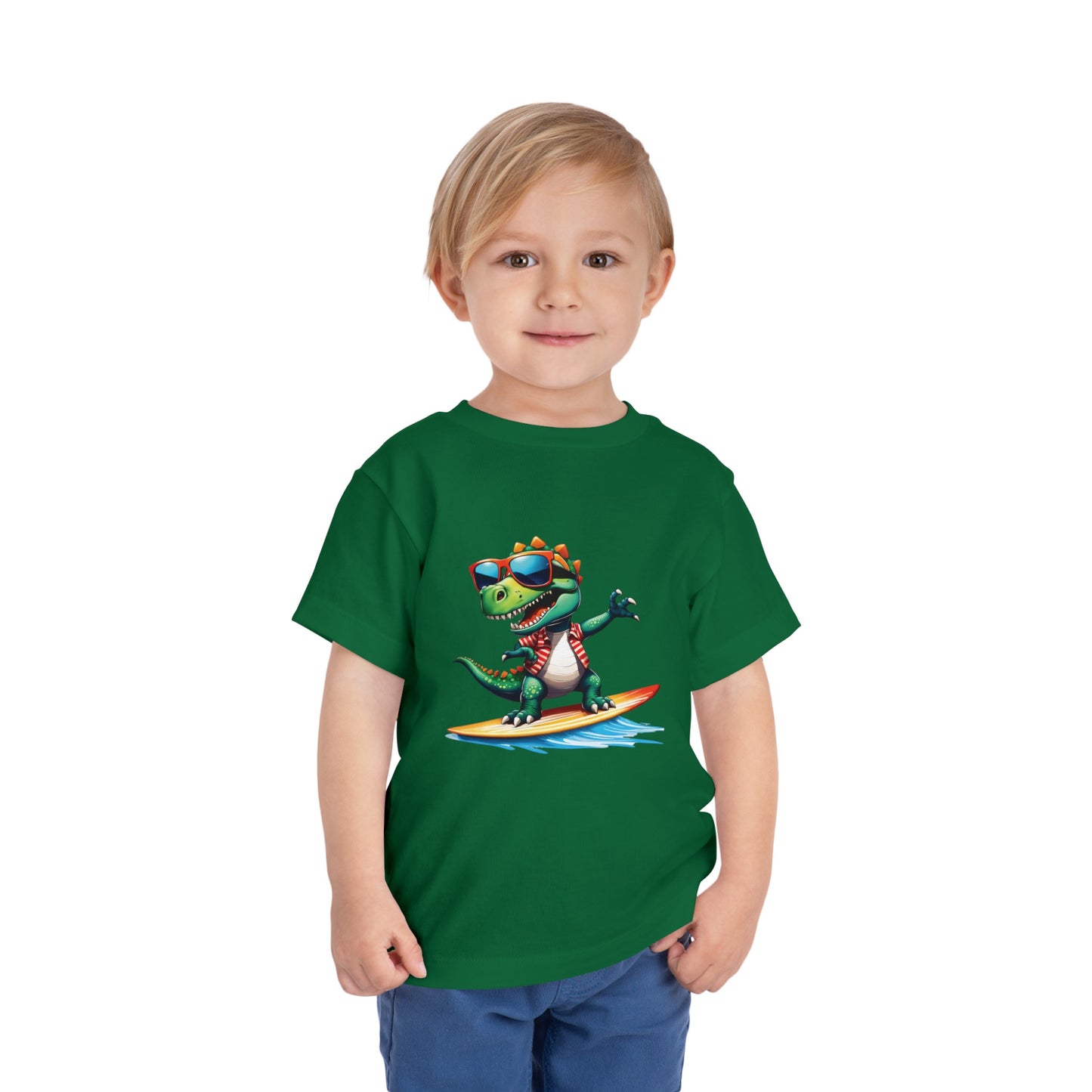 Toni the Dino Wave Catcher Toddler Short Sleeve Tee Kelly Green on Boy