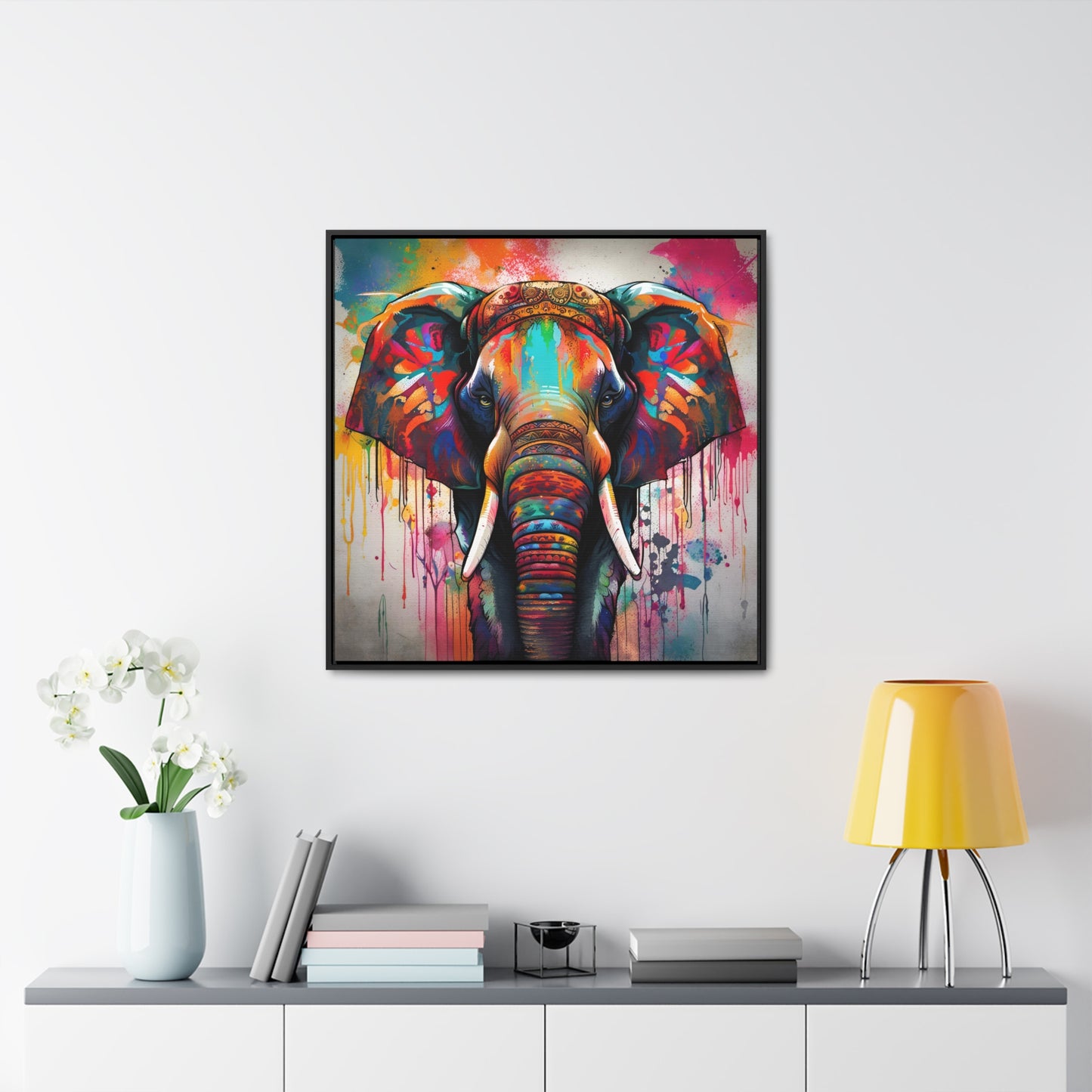Dripping Colors Indian Elephant Print on Canvas in a Floating Frame 30x30