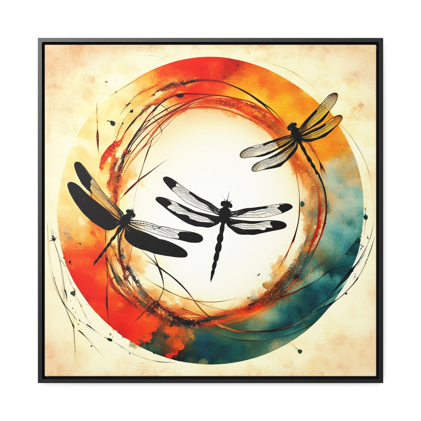 Dragonflies Silhouettes in a colorful Enso circle Print on Canvas in a Floating Frame - Spiritual and Meditation Wall Decor
