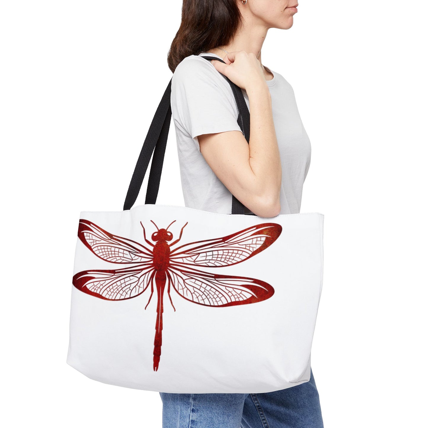 Lava Red Dragonfly Print on Oversized Weekender Bag, Dragonfly Themed Beach Bag