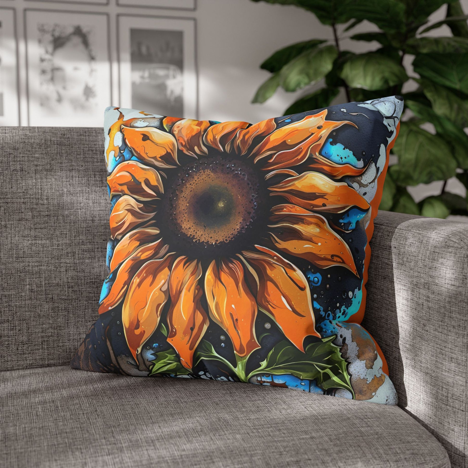 Street Style Sunflower Print on Spun Polyester Pillow Cover pillow inside on sofa