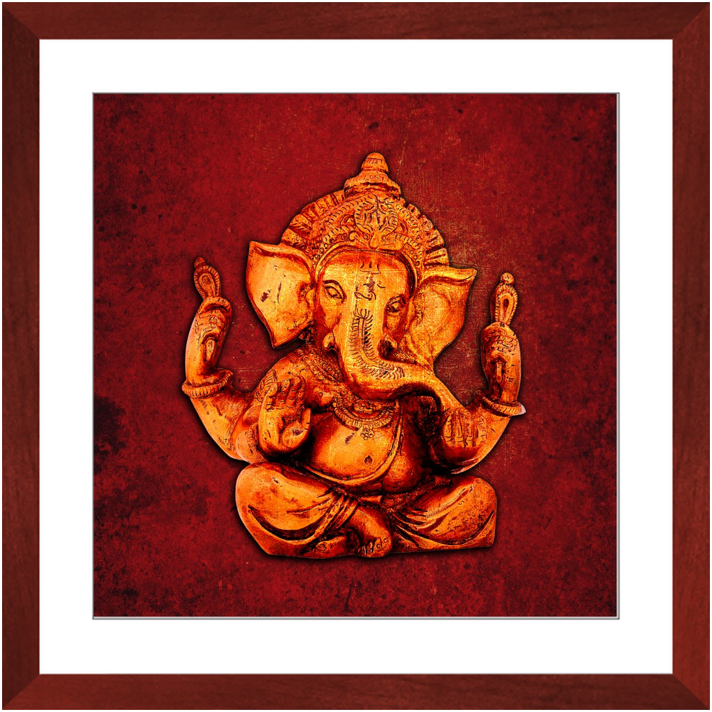 Ganesha on a Lava Red Background Print in Cherry Color Wood Frame 20x20