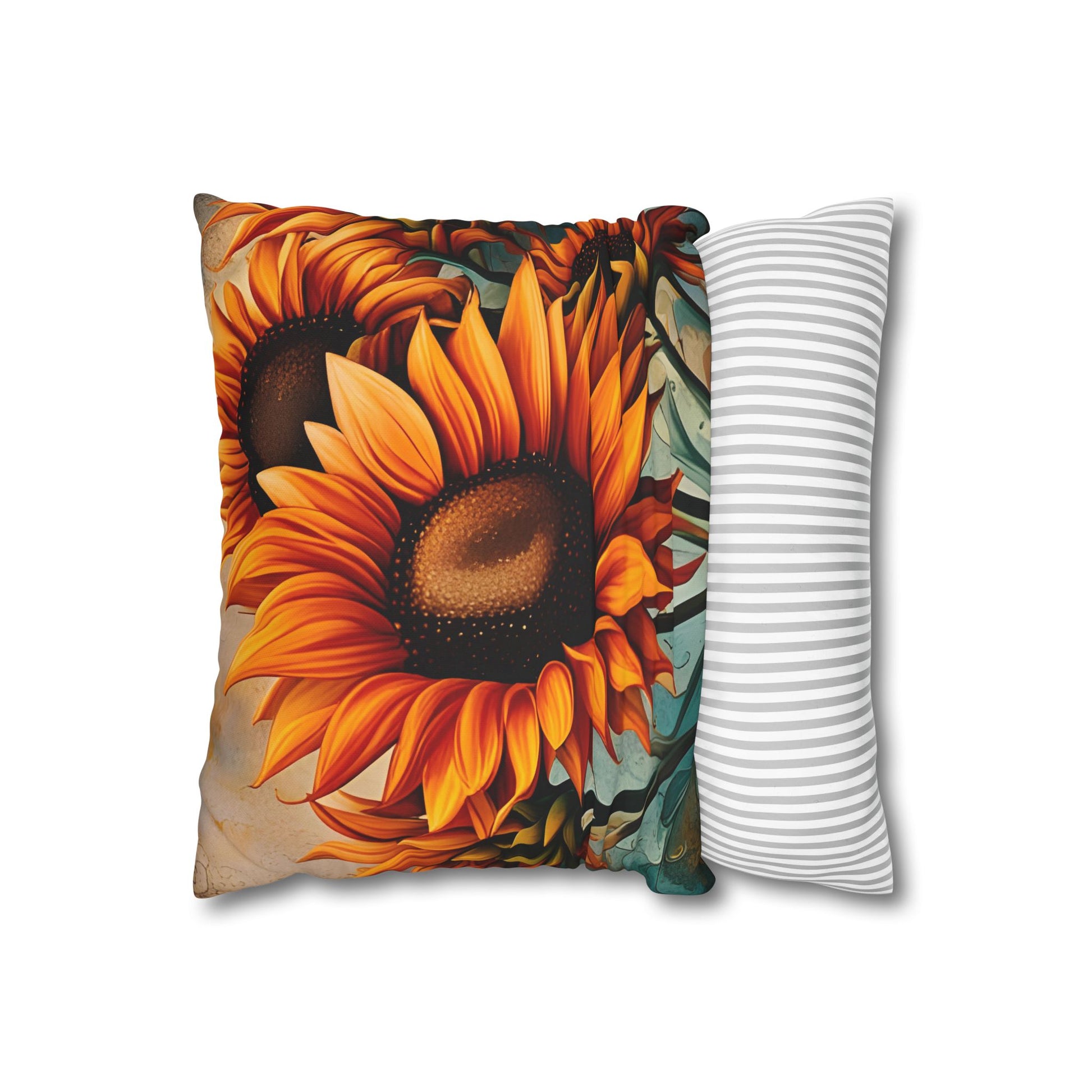 Sunflower Crop on Distressed Blue and Copper Background Print Square Pillow Cover front