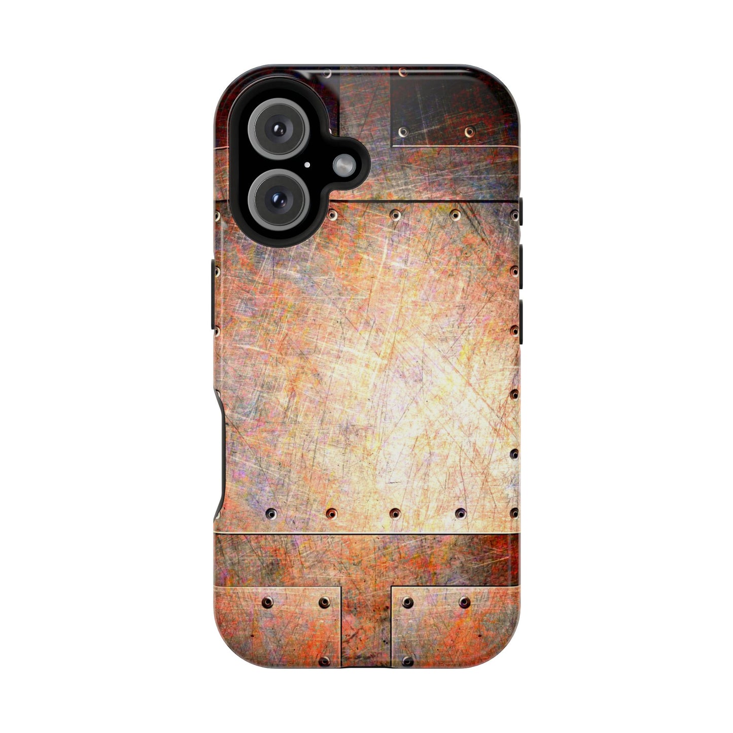 Magnetic Tough Cases for iPhone 16, Steampunk Themed Distressed Riveted Metal Plates Print on Phone Case for all models of iPhone 16