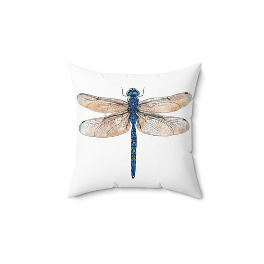 Double Sided Minimalist Square White Throw Pillow with Blue Dragonfly