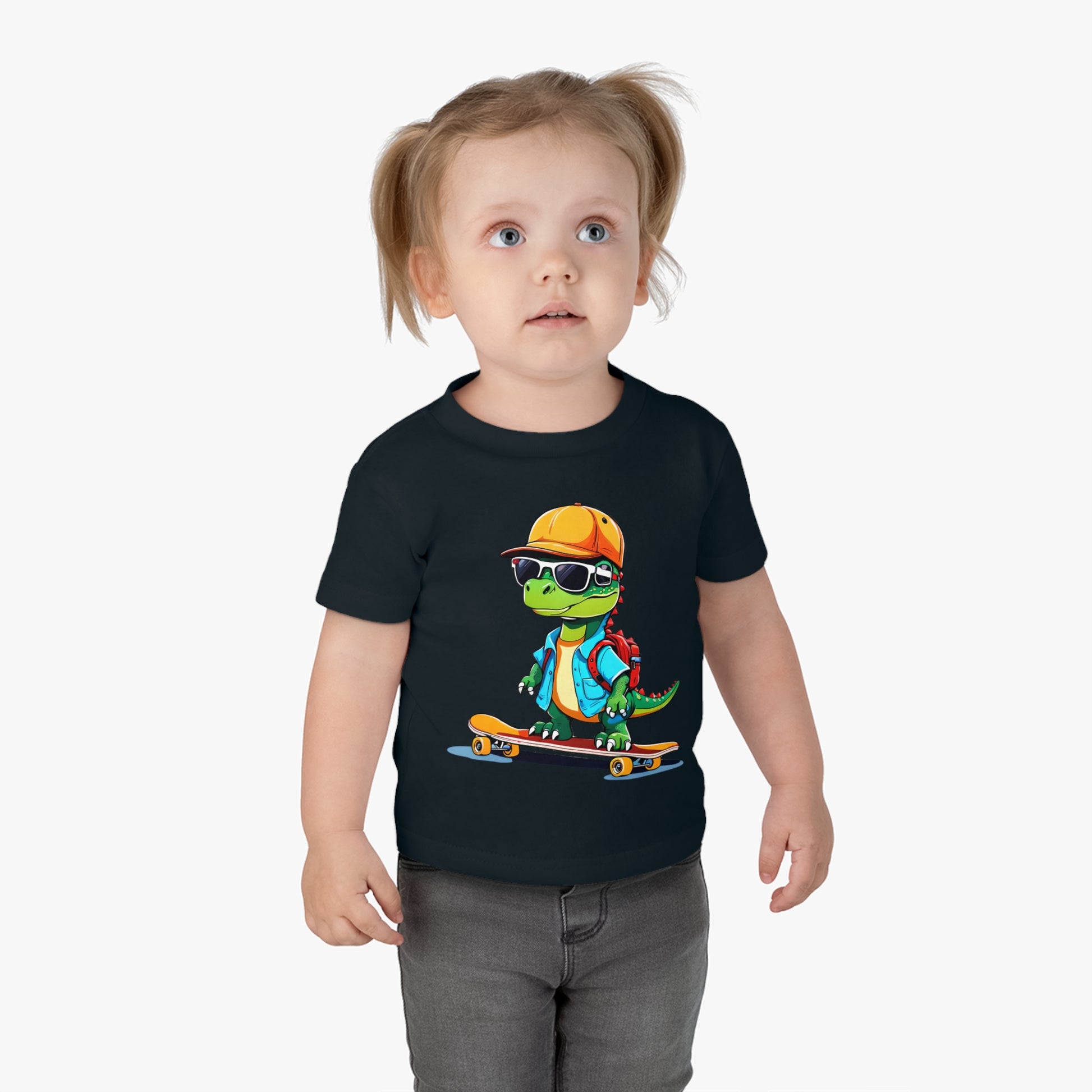 Dino Boy on Skate Board, Too Cool For School Infant Cotton Jersey Tee Black on Girl